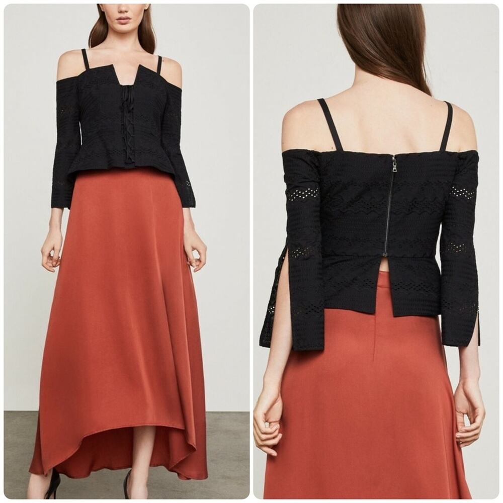 BCBGMaxAzria Cold-Shoulder Eyelet Lace-up Top Black